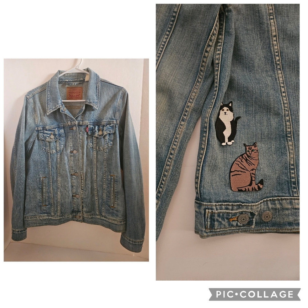 Levi's Jean Jacket Women's Large Trucker Button Classic Blue Distressed Cats